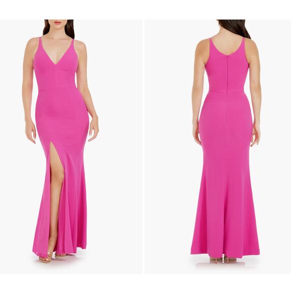 Dress the Population Iris Slit Crepe Long Gown Dress Bright Fuschia Large - Picture 1 of 8